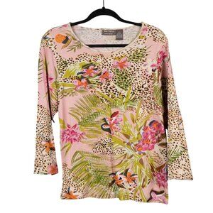 Jane Ashley Tropical Animal Print Shirt L Pink Green Long Sleeve Cotton Sequin
